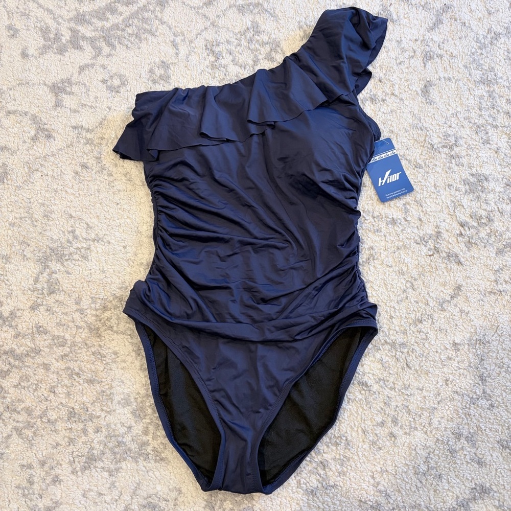Hilor One Shoulder Ruffle Swimsuit Navy Ruched Tummy Control Women Beach Swim 10